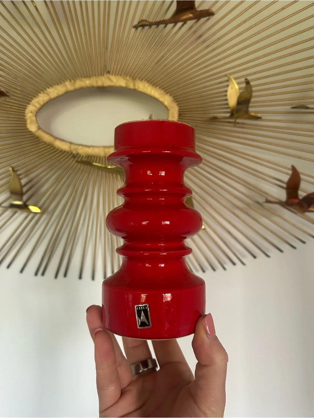 Giuseppe Gallo Red Ceramic Candleholder / 1970s Vintage Decor